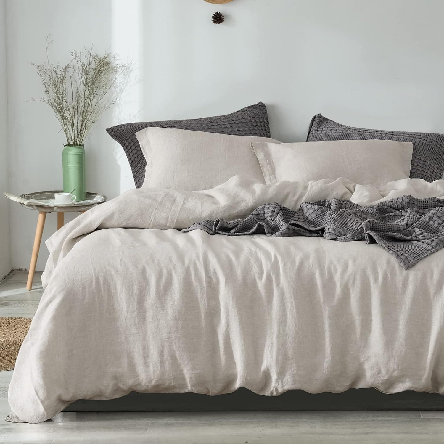 PHF 100% French Flax Linen Duvet Cover Set Queen, 3pcs, Linen