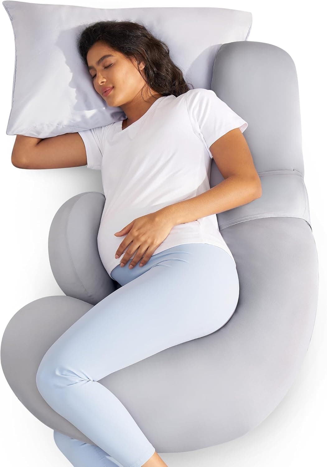 Momcozy Cooling Pregnancy Pillow, Original F Shaped Maternity Pillow with Adjustable Wedge, Light Grey